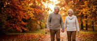 Happy senior Caucasian couple holding hands walking together through autumn park with golden fall foliage and warm sunlight for retirement lifestyle.