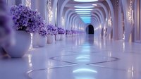 Modern white corridor with purple lighting and lavender flowers in elegant vases creating luxurious architectural interior space for contemporary design projects.