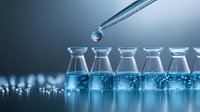 Laboratory glass vials with blue liquid and pipette dropping solution, medical research concept on dark background with selective focus and bokeh effect.