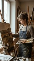 Middle-aged Caucasian female artist painting on canvas in bright art studio wearing denim apron, holding palette and brush for creative artwork and hobby concepts.