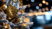 Golden cryptocurrency coin on snowy Christmas tree branches with glowing bokeh lights and decorative ornaments creating festive winter atmosphere.