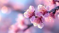Pink cherry blossom flowers blooming on branch with soft bokeh background. Spring sakura petals with delicate stamens in natural sunlight for seasonal designs.