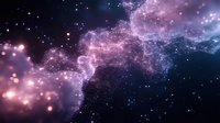 Cosmic nebula with glowing pink and purple particles floating in dark space, creating ethereal cloud formations illuminated by distant stars and celestial light.