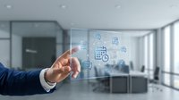Businessman in suit touching futuristic digital interface with scheduling and communication icons in modern office environment.
