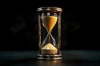 Vintage hourglass with golden sand against dark background, symbolizing time management and deadline concept for business presentations.