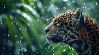 Majestic jaguar profile against blurred tropical foliage in rain, water droplets falling, dramatic lighting highlights spotted coat pattern and facial features.