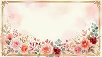Watercolor floral frame with pink and red roses, greenery, and ornate gold borders on cream background. Isolated design element suitable for invitations, cards, and wedding stationery.