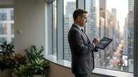 Professional Caucasian businessman in suit using tablet computer in modern office with city skyline view through large windows during golden hour lighting.