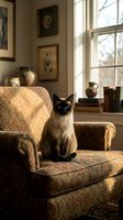 Siamese cat with dark points sitting on patterned upholstered armchair in vintage living room with framed artwork, books, and sunlit window for home decor and pet lifestyle use.