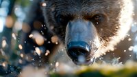Close-up portrait of brown bear face with intense gaze and water droplets splashing around, dramatic lighting creates atmospheric nature scene against blurred background.