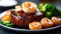 Grilled beef tenderloin steak topped with seared jumbo shrimp served with steamed broccoli florets on dark plate, close up view of surf and turf dinner.