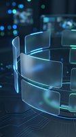 Futuristic transparent glass screens floating in digital space with glowing blue edges and bokeh lights background for technology presentations.