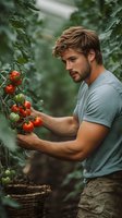 Young Caucasian male farmer in gray t-shirt harvesting fresh ripe tomatoes in greenhouse. Side view of muscular grower examining organic produce on vine.