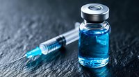 Medical vial with blue liquid and syringe on dark stone background, dramatic lighting highlights transparent solution for healthcare and pharmaceutical concept.