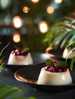 Creamy panna cotta dessert topped with fresh cranberry sauce and mint leaves on dark plates, atmospheric bokeh lights and palm leaves in background.