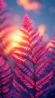 Vibrant pink fern leaf against blurred sunset background with bokeh effect creates dreamy nature atmosphere, suitable for wellness and meditation designs.