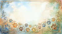 Ornate vintage frame with colorful paw prints and decorative scrollwork borders on aged paper background. Suitable for pet-related designs, greeting cards, and animal-themed projects.