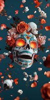 Mexican sugar skull with glowing eyes decorated with turquoise floral patterns, surrounded by coral roses and falling petals on dark background.