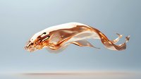 Flowing golden liquid in motion forming abstract fish or aquatic creature shape against soft blue background.