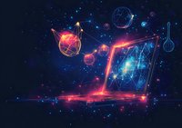 Glowing laptop in cosmic space with network spheres and digital connections floating in starry universe, neon technology concept for digital art.