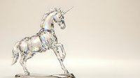 Crystal glass unicorn sculpture rearing on hind legs with translucent body and horn, fantasy mythical creature figurine on neutral background.