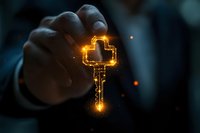 Glowing digital key icon with orange light effects held by hand in dark background, representing cybersecurity and digital access control solutions.