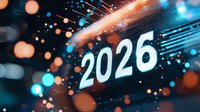 Futuristic digital display showing year 2026 with glowing blue and orange bokeh lights creating dynamic technology background.