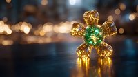 Glowing flower-shaped decoration with golden petals and green center against blurred bokeh lights background creates magical holiday atmosphere.