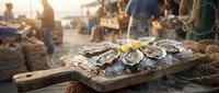 Fresh oysters on ice with lemon wedges on a rustic wooden board at a seaside seafood market during golden hour sunset.