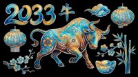 Colorful Chinese New Year 2033 ox sticker set with lanterns, bamboo, blossoms, and gold ingot, isolated on transparent background, ready for T-shirts and print on demand.