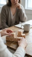 Woman arranging wooden wellness blocks with mindfulness symbols on rustic table during morning self-care routine at home with coffee cup nearby.