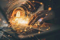 Glowing cyber security lock symbol with golden light trails and sparkles against dark background, representing digital protection and network safety.