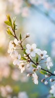Spring cherry blossom branch with white flowers and green leaves against soft blurred background. Fresh blooming tree in garden during springtime season.