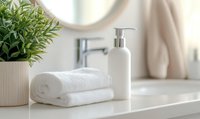White bathroom accessories with rolled towels and green plant on counter. Modern minimalist spa composition with soap dispenser in soft natural lighting.