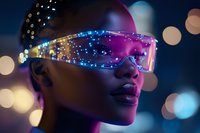 Young African American woman wearing futuristic luminous glasses with glowing dots and neon lights against blurred bokeh background in purple and blue tones.