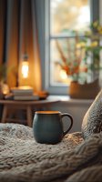 Cozy ceramic mug on knitted blanket with warm ambient lighting, window view and soft bokeh background creates peaceful morning atmosphere.