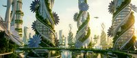 Futuristic eco-friendly city with spiral green towers and lush vegetation integrated into modern architecture at sunset for urban planning concepts.