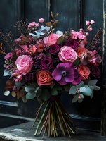 Luxurious bouquet featuring pink, burgundy, and coral roses with purple anemones, dried botanicals, and eucalyptus foliage arranged against a dark moody backdrop. Perfect for floral design, wedding inspiration, and luxury gift concepts.