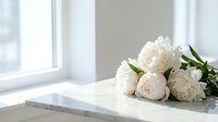 White peony flowers bouquet on marble surface near window with natural light creating elegant minimalist interior decor for home styling and floral arrangements.