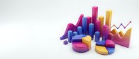 Colorful 3D business charts and graphs with pie charts, bar graphs and rising arrow trends on white background for financial data visualization and analytics.