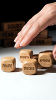 Caucasian woman hand pushing wooden dice with positive words praise succeed growth approve, overcoming doubt fear fail concept.