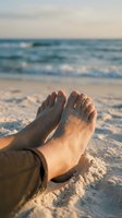 Bare feet relaxing on sandy beach at sunset with ocean waves in background, vacation and leisure lifestyle concept for travel and wellness content.
