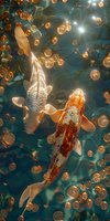 Magical underwater scene with two koi fish swimming among golden coins in turquoise water, perfect for luxury design, feng shui art or spiritual wellness projects.