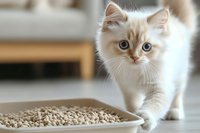 Adorable cream point ragdoll kitten standing near food bowl with dry cat food pellets, soft focus background creates gentle domestic atmosphere.