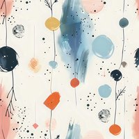 Abstract organic shapes and dots in soft pastel colors with navy blue accents on light background create seamless pattern for modern home decor and textile design.