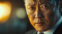 Middle-aged Asian businessman with serious expression in dramatic lighting against dark background, close-up portrait showing determination and leadership qualities.