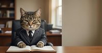 Tabby cat in business suit sitting at office desk with open book, professional corporate humor concept for workplace presentations and marketing materials.