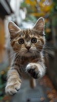Curious ginger cat reaching out paw toward camera with big bright eyes and playful expression against blurred autumn background, close-up portrait.