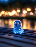Glowing blue ghost figurine on dark surface with blurred bokeh lights in background creates magical atmosphere for Halloween and fantasy designs.