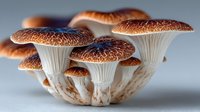 Cluster of brown mushrooms with textured caps and white stems growing together against neutral background, showcasing natural fungal growth pattern.